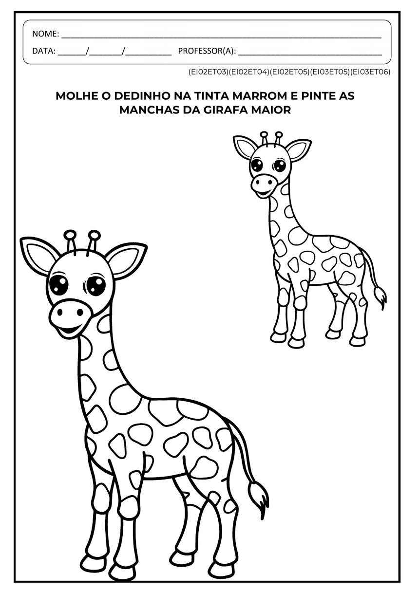 Atividade de pintar as manchas da girafa com tinta no dedo